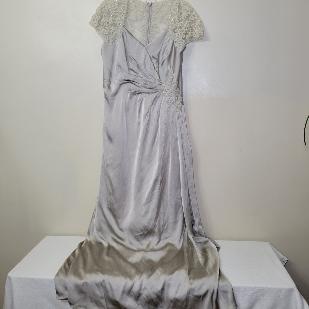 Jade Couture Silver Satin Lace Beaded‎ Evening Gown Mother of the Bride Dress 12